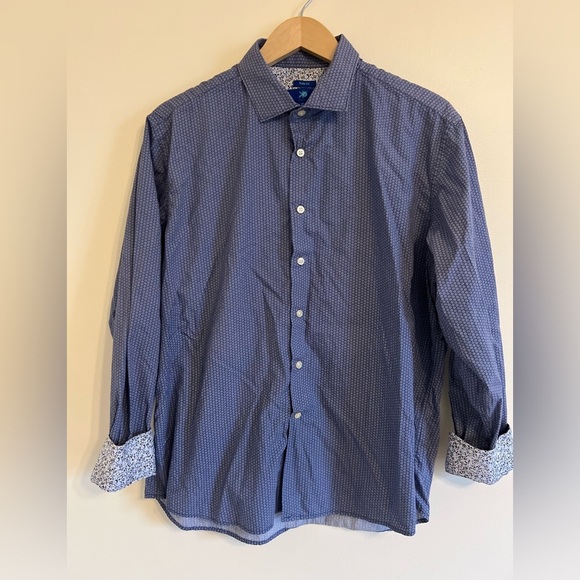 Egara Mens Button Down Shirt XL Blue Print LongSleeve Cotton Floral Reverse Cuff - Picture 1 of 15